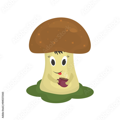 Illustration of a porcini mushroom drinking tea