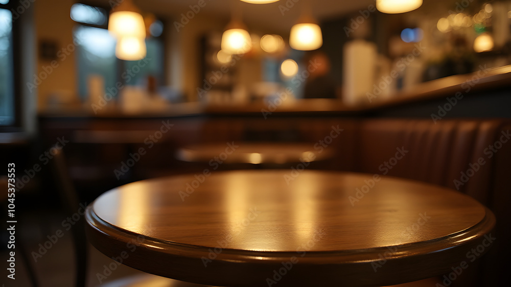Obraz premium Blurry photo shows empty wooden table with gold accents in a dimly lit cafe setting.