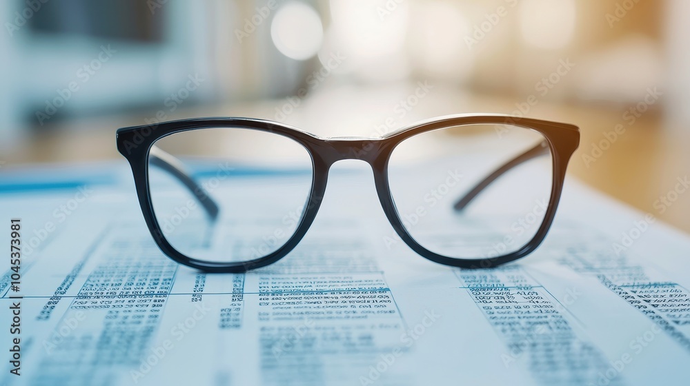 Close-up of stylish glasses on a document providing a modern, professional look. Close-up of stylish glasses on a document providing a modern, professional look.