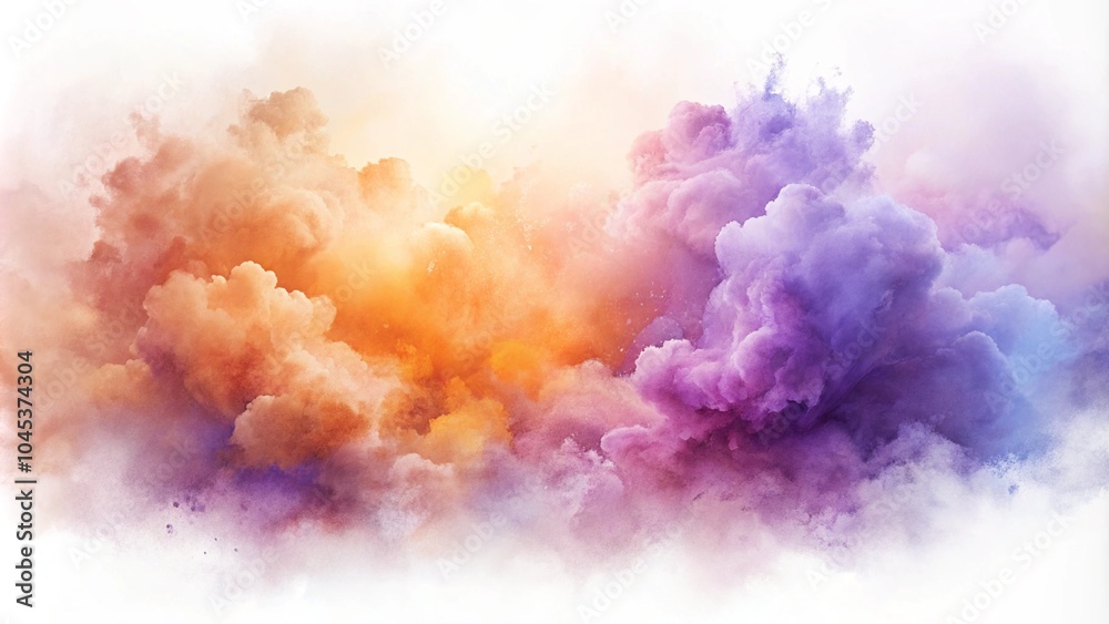 Fototapeta premium One single orange and purple watercolor aquarelle abstract splash stain isolated. Colorful watercolor background of abstract sunset sky with puffy clouds in bright rainbow colors of orange pink yellow