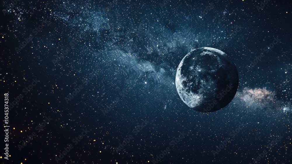 Fototapeta premium Large grey cloudy moon against the starry sky.