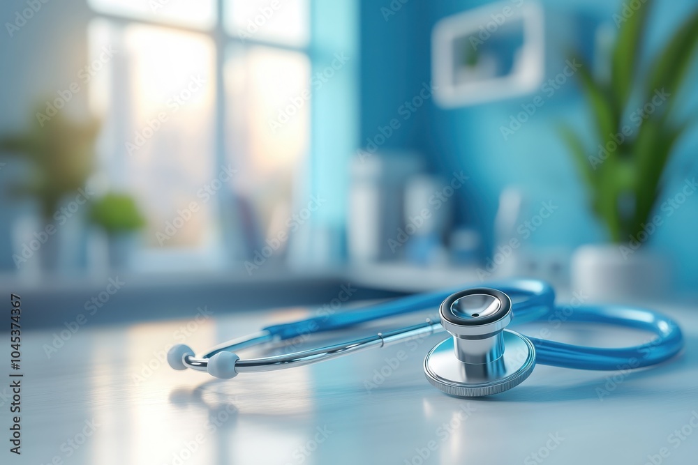 Blue stethoscope resting on a table in a modern clinic during daylight Blue stethoscope resting on a table in a modern clinic during daylight