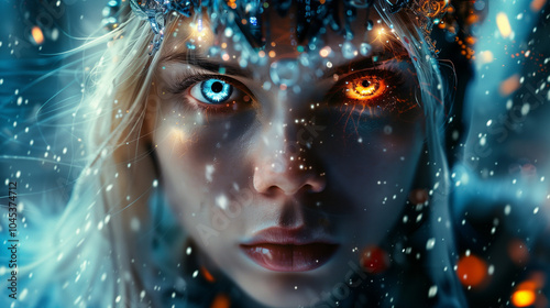 Intense close-up portrait of a fantasy character with glowing blue and orange eyes amidst dynamic lighting and particles