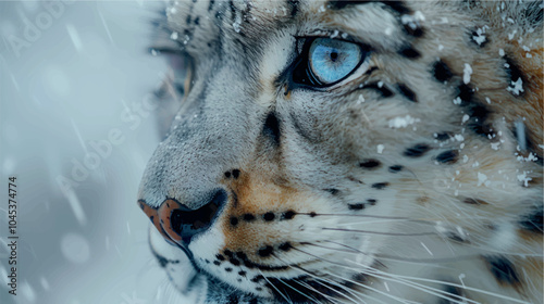 Beautiful portrait of a snow leopard in the snow in winter. Close-up photo of a snow leopard. Big cat. Poster print snow leopard.