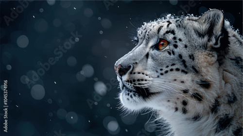 Beautiful portrait of a snow leopard in the snow in winter. Close-up photo of a snow leopard. Big cat. Poster print snow leopard.