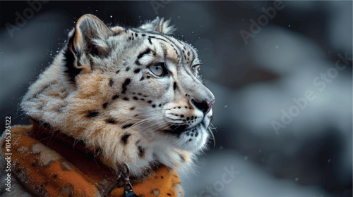 Beautiful portrait of a snow leopard in the snow in winter. Close-up photo of a snow leopard. Big cat. Poster print snow leopard.