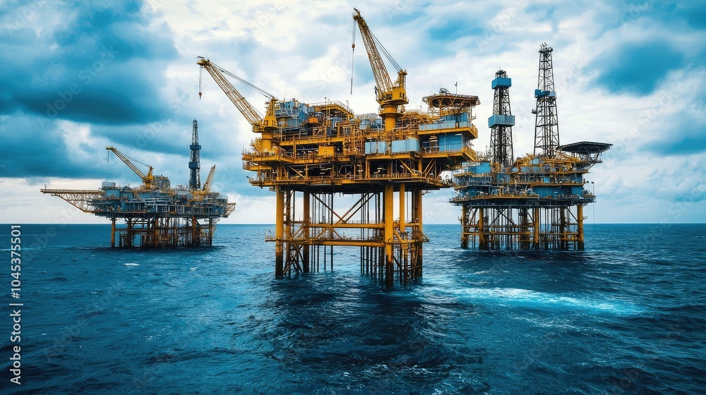 Expansive View of Multiple Oil Platforms in Ocean Expansive View of Multiple Oil Platforms in Ocean