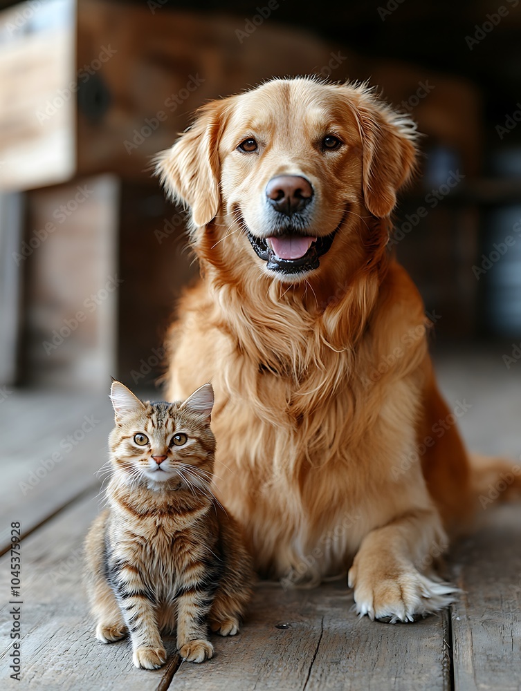 Playful Golden Retriever and Fluffy Tabby Cat Together Playful Golden Retriever and Fluffy Tabby Cat Together