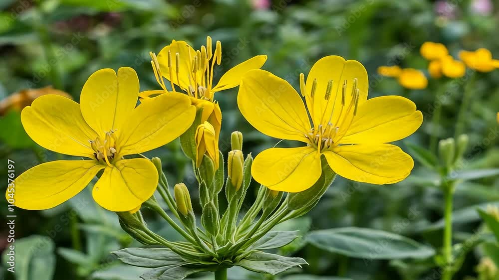 Yellow flowers bloom in a garden, bathed in the warm summer sun Yellow flowers bloom in a garden, bathed in the warm summer sun