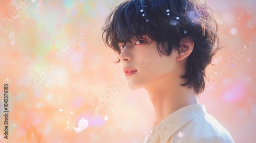 Dreamy Portrait of a Young Man Surrounded by Soft Pastel Lights - made with Generative AI photo