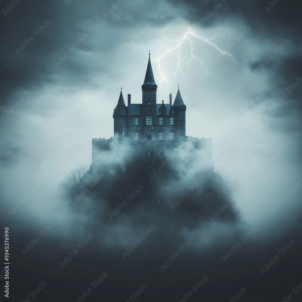 Gothic Castle on Cliff with Striking Lightning Gothic Castle on Cliff with Striking Lightning
