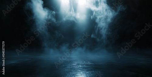 Abstract black background with smoke and fog, dark scene for product display presentation, night atmosphere