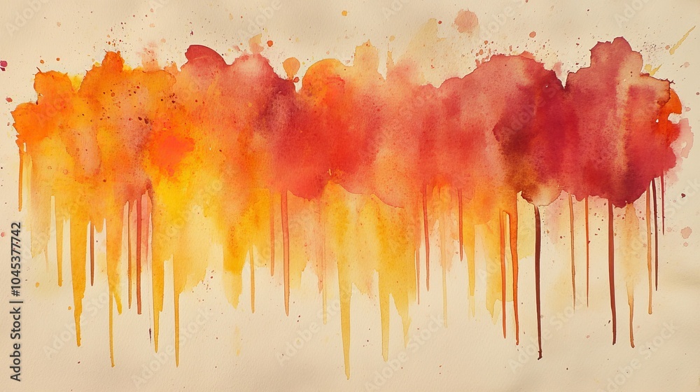 Fototapeta premium Abstract watercolor paint drips in orange, red, and yellow, blending into each other on textured paper with grainy details