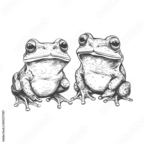 Two Detailed Hand Drawn Frogs Facing Each Other