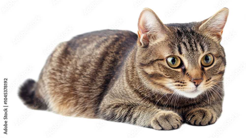 Obraz premium A tabby cat resting comfortably on a soft surface, showcasing its vibrant green eyes and unique coat pattern during a calm afternoon.