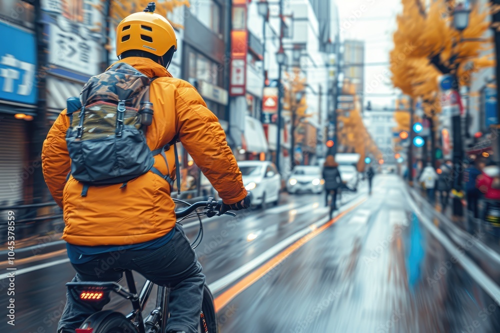 Obraz premium Cyclist Riding Through a Blurred Cityscape