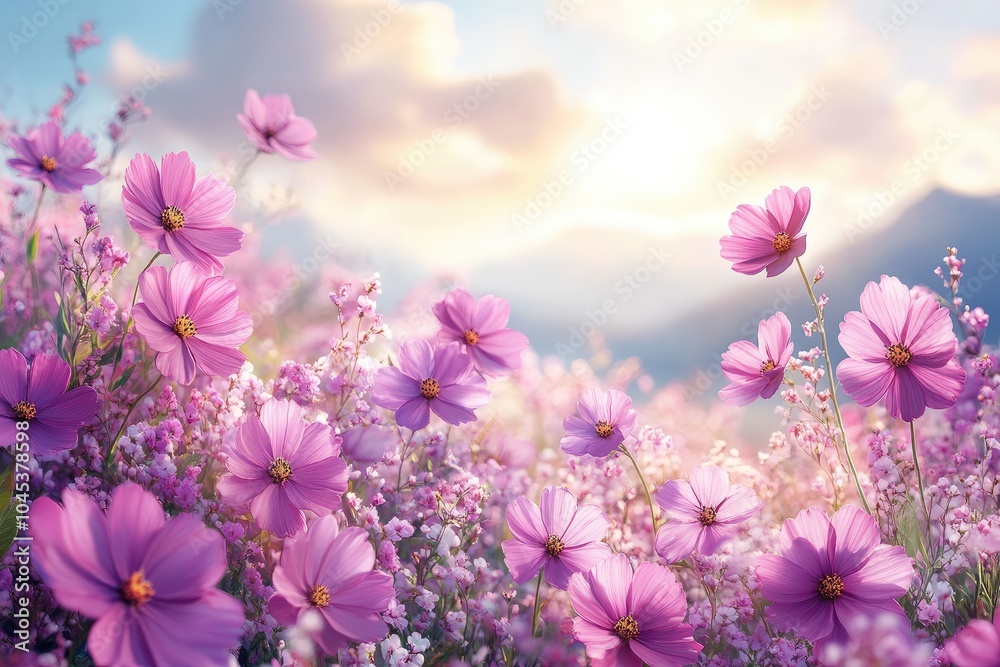 Delicate Pink Cosmos Flowers in a Field with a Soft, Blurred Background Delicate Pink Cosmos Flowers in a Field with a Soft, Blurred Background