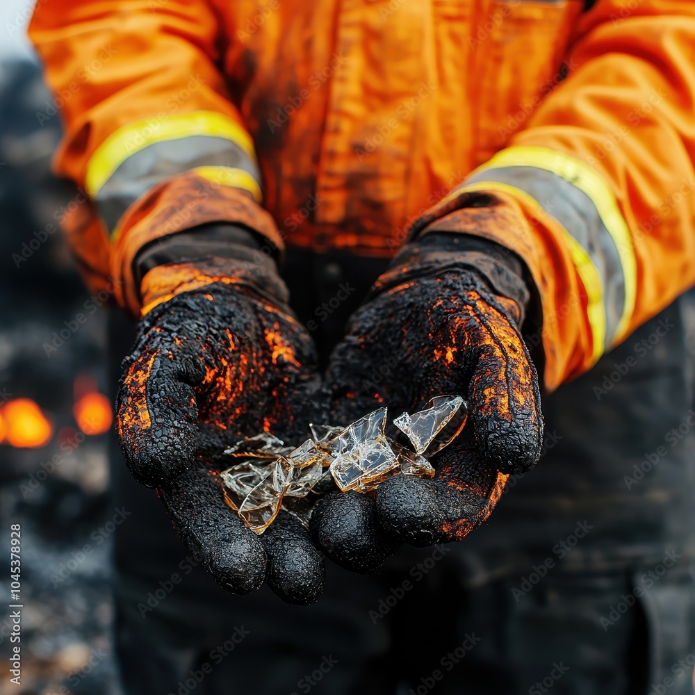 Worker holding waste materials, orange gloves, environmental concern, isolated background Worker holding waste materials, orange gloves, environmental concern, isolated background