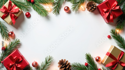 Flat lay Christmas banner with space for text on white background with gift boxes and garlands. Frame of fir branches, red balls, gold confetti