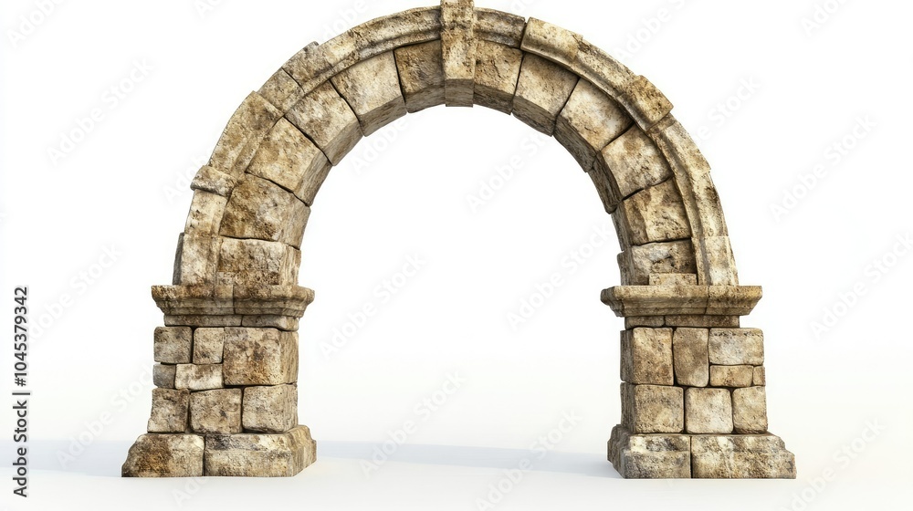 Fototapeta premium Ancient stone arc gate isolated on white, showcasing intricate stonework and aged details.