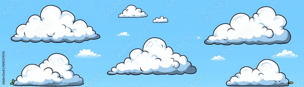 A bright blue sky filled with fluffy, white clouds, creating a cheerful and serene atmosphere.