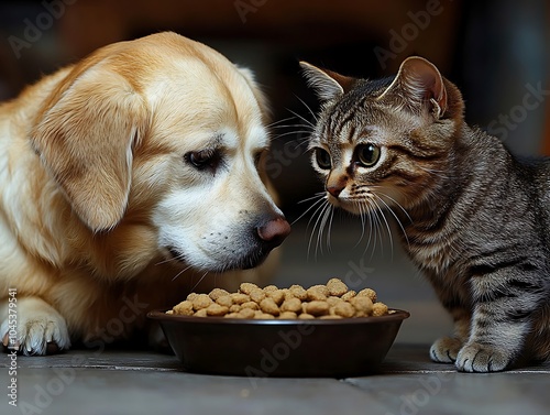 Heartwarming Companionship of Dog and Cat at Meal Time