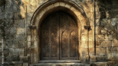 Ancient stone arc gate isolated, with fine stone carvings and weathered textures.