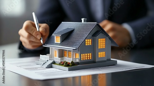 Model house with glowing windows on a table