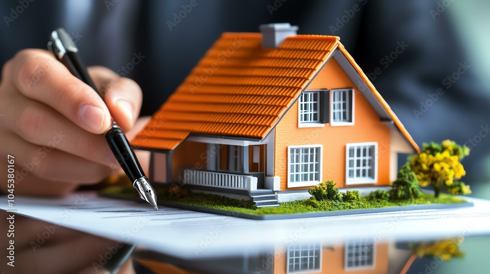 Fototapeta premium Model house with pen on document, business concept