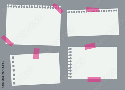 Set of 4 different empty notes with holes. Pieces of white papers on pink sticky tape. Notebook pages. Mood board template composition.Mockup on black background. Vector 3d realistic. EPS10.