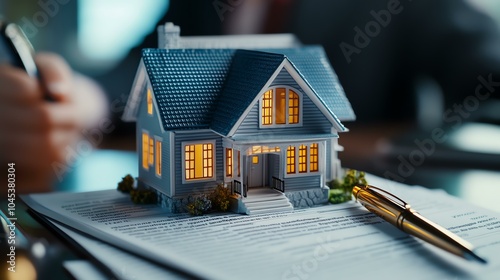 Model house on paperwork with pen.