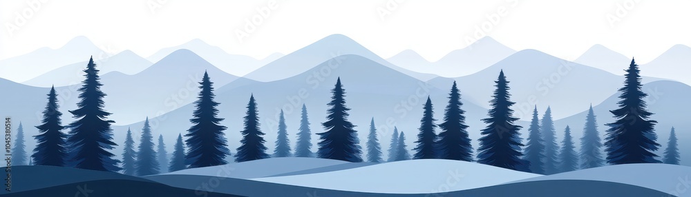 Fototapeta premium A serene landscape featuring layered mountains and silhouettes of evergreen trees, rendered in calming blue tones against a light sky.