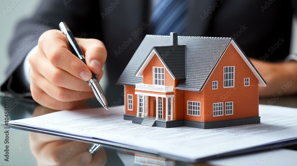 Fototapeta premium Hand with house model on paperwork