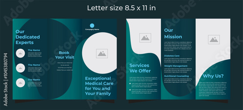 Trifold brochure template for medical care in light blue and dark blue colors