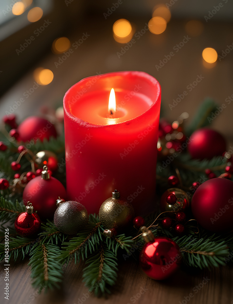 A red candle is decorated with Christmas ornaments and decorations during the holiday season. A red candle is decorated with Christmas ornaments and decorations during the holiday season.