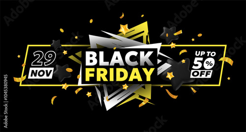 Vector black friday sale abstract illustration of label text with 50% off and star pattern on dark background. 3d style sale business promotion fashion design of black friday logo of discount day