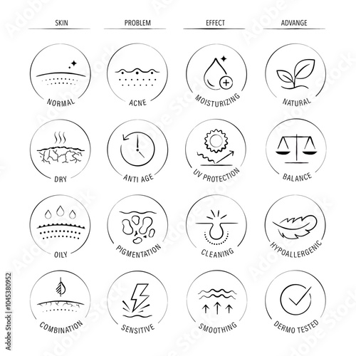 Skin types and cosmetics icon set. The outline icons are well scalable and editable. Contrasting elements are good for different backgrounds. EPS10.	