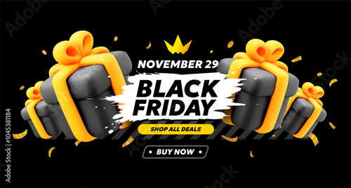 Vector black friday sale illustration with label lettering and gift box on dark background. 3d style sale business promotion design of black friday logo of discount day with gift box