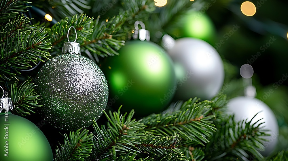 Green and Silver Christmas Tree Decorations Close-Up