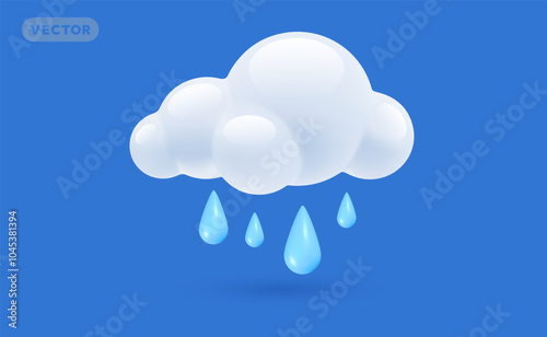 Vector weather rainy day illustration of fluffy cloud with shine blue rain drop and shadow on blue color background. 3d cartoon style design of rainy cloud with drop