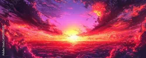 A breathtaking sunset infused with vibrant pinks, purples, and golds, casting a mesmerizing glow over a serene horizon.