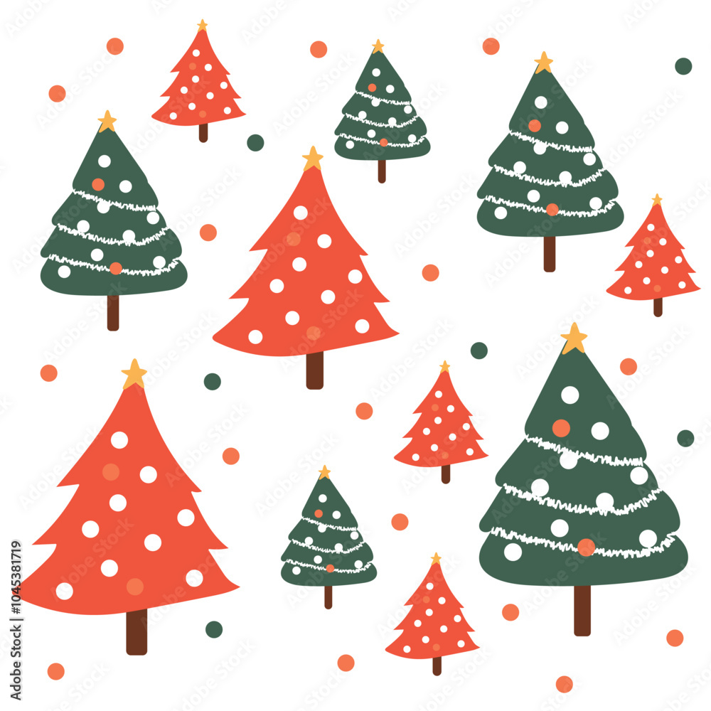 Festive Christmas Tree Pattern with Red and Green Trees and Polka Dots Festive Christmas Tree Pattern with Red and Green Trees and Polka Dots