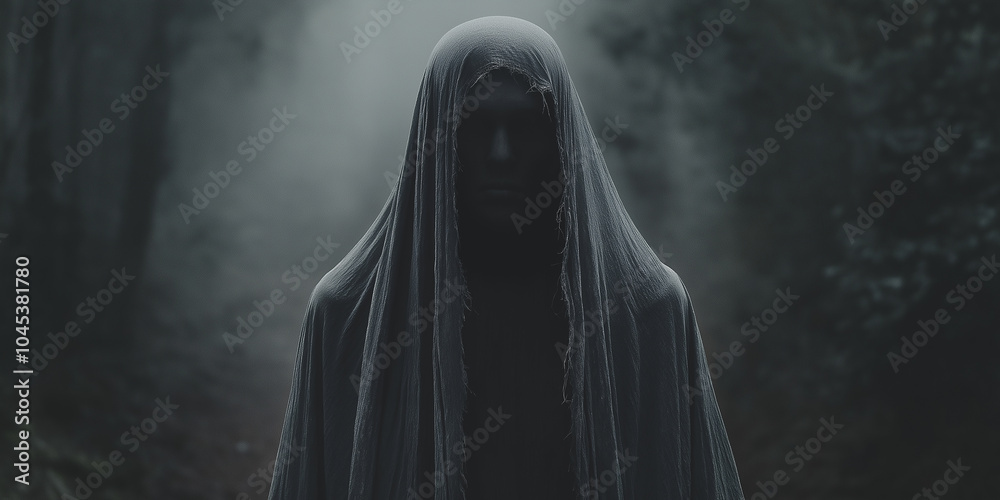 Mysterious figure wearing dark cloak standing in foggy forest Mysterious figure wearing dark cloak standing in foggy forest