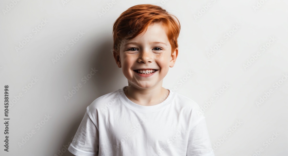 redhead kid boy white background wearing plain white tshirt smiling happy portrait redhead kid boy white background wearing plain white tshirt smiling happy portrait
