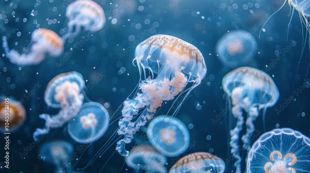 Graceful jellyfish glide through deep blue water, surrounded by delicate bubbles, adding exotic beauty to the serene scene Graceful jellyfish glide through deep blue water, surrounded by delicate bubbles, adding exotic beauty to the serene scene