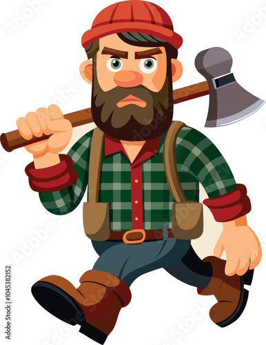 Angry lumberjack walking with axe on his shoulder