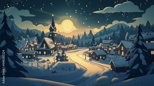 The image portrays a peaceful winter village at night, with snow-covered houses and a glowing street winding through the scene.