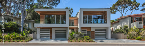 Neighbourhood Real Estate - Modern duplex houses with large windows and landscaped surroundings.