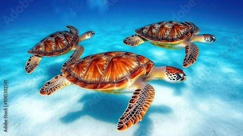 Three sea turtles swim in a line, their shells are brown and orange and the water is turquoise.