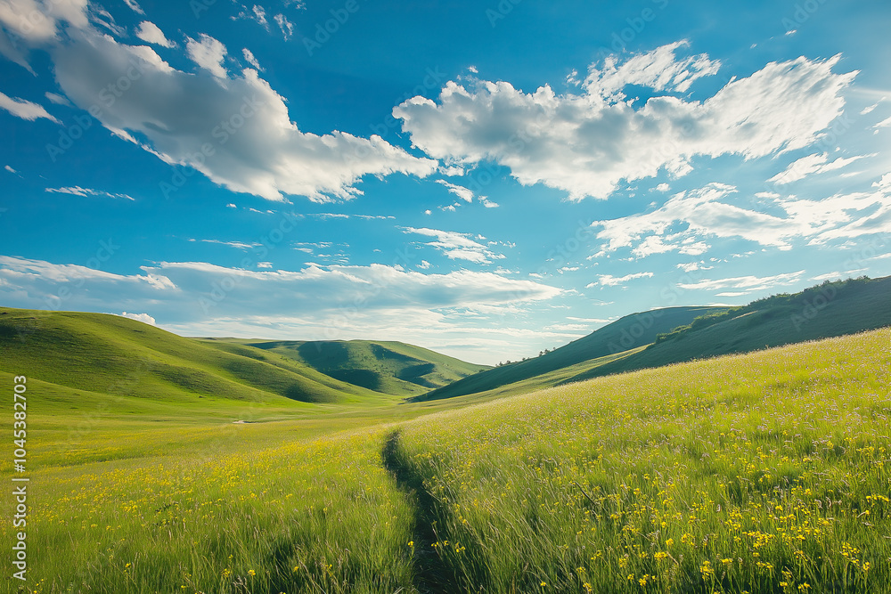 Obraz premium Scenic landscape of green rolling hills under a blue sky with scattered clouds, featuring a narrow trail cutting through a meadow of wildflowers, symbolizing tranquility and nature’s beauty